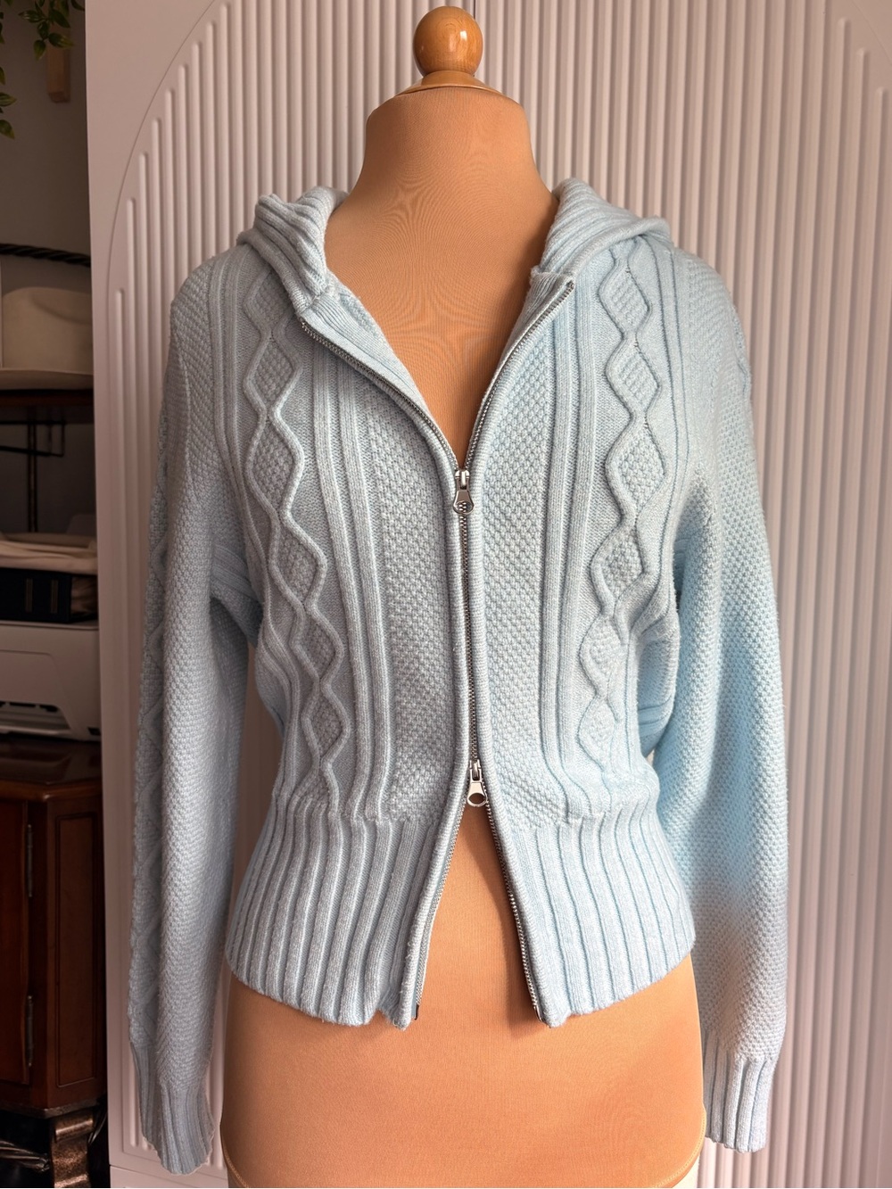 Wild fable Light Blue Hooded Cable-Knit Zip Cardigan